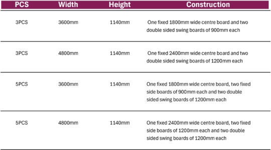 Folding Board Sizes for system 1000